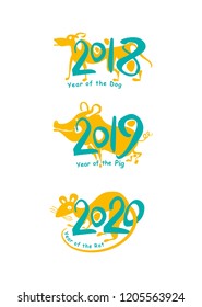Rat 2020. Pig 2019. Dog 2018. Two color characters painted symbols of the years on the Chinese calendar. Vector template handwritten figures. 