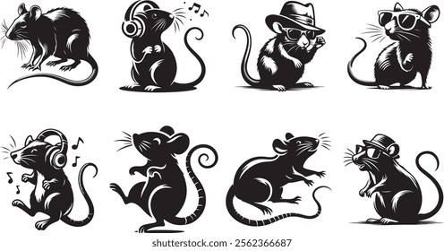 Rat, 8 deferent type of rat, wearing a sunglass, listening music, silhouette vector art illustration