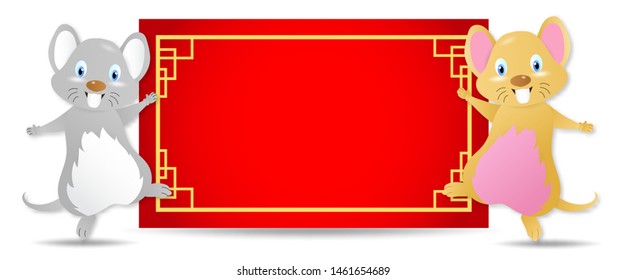 Rat and badge.empty red rectangle paper.Chinese New Year Zodiac mice of Animal lucks year 2020 of the rat.Decorated with chinense gold patterns.objects for greetings card, flyers, invitation.