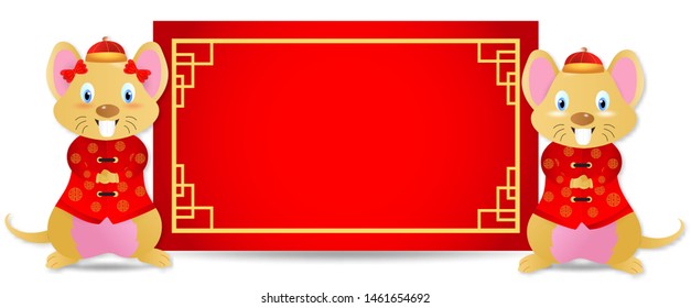 Rat and badge.empty red rectangle paper.Chinese New Year Zodiac mice of Animal lucks year 2020 of the rat.Decorated with chinense gold patterns.objects for greetings card, flyers, invitation.