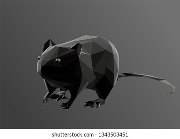 Rat in Black and White. Dark Low Poly Vector Greyscale Silhouette 3D Rendering