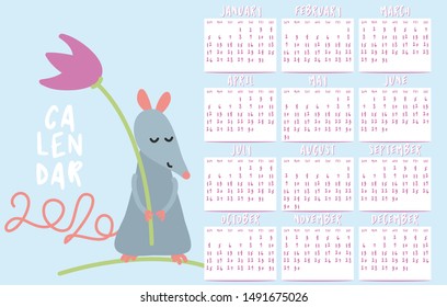 RAT calendar for 2020 year. Cute  design, printable planner of 12 months with cute mouse. Week starts on Sunday. Standard size, ready to print.