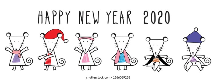 Rat cartoon character, Happy New Year 2020 Celebration, black and white drawing illustration.