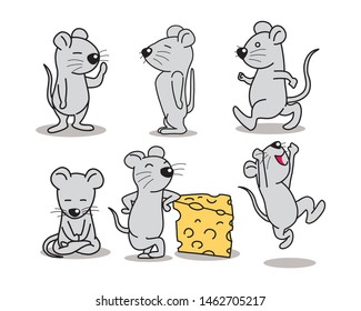 A rat cartoon several action. standing walking seeing scare happy. vector illustration isolated cartoon hand drawn