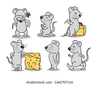 A rat cartoon several action. standing walking seeing scare happy. vector illustration isolated cartoon hand drawn