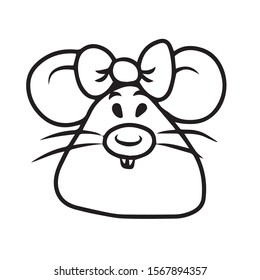 Rat in cartoon style with a bow on his head .Symbol of the year.On hand-drawn, on a white isolated background.Design for greeting card,banner, coloring.