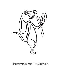 Rat in cartoon style stands in the paw holding candy with a bow
 .Symbol of the year.On hand-drawn, on a white isolated background.Design for greeting card,banner, coloring.
