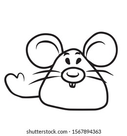Rat in cartoon style with tails in the form of hearts.Symbol of the year.On hand-drawn, on a white isolated background.Design for greeting card,banner, coloring.