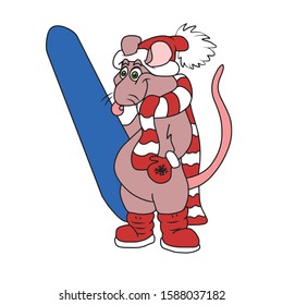 Rat in cartoon style.Stand in hat and scarf holding in paw, Board for snow skiing
 .Symbol of the year.On hand-drawn, on a white isolated background.Design for greeting card,banner, 