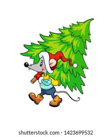 Rat, Cartoon rat with tree on white background, Happy new year 2020 Rat zodiac sign