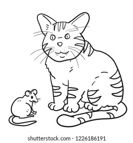 Rat And Cat Cartoon Outline Drawn