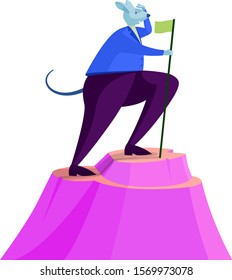 Rat character achieves the business goal and puts the company flag on top of the mountain. 