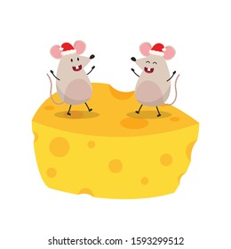 Rat character design. wallpaper. free space for text. Rat and cheese vector. Rat wearing a Santa hat.