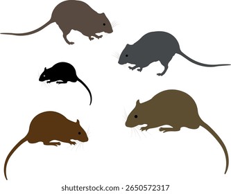 A rat character set includes vector illustrations of rats in various styles and poses — such as standing, running, sniffing, or holding cheese — designed in cartoon, silhouette, and realistic formats.