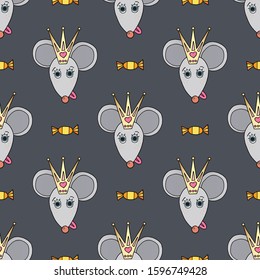 Rat character vector seamless pattern. Mouse animal with crown and candies. Hand drawn cartoon funny pet background.