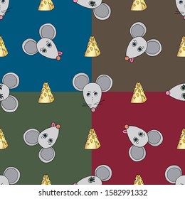 Rat characters vector seamless pattern. Mouse animal with cheese background. Hand drawn cartoon cute pets texture.