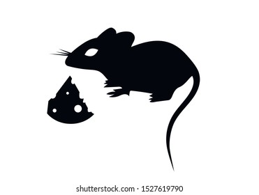 Rat. Cheese. Black silhouettes of rat and cheese. New Year 2020. Year of the rat. Eastern calendar. Chinese New Year. Isolated objects on a white background. Eastern zodiac.