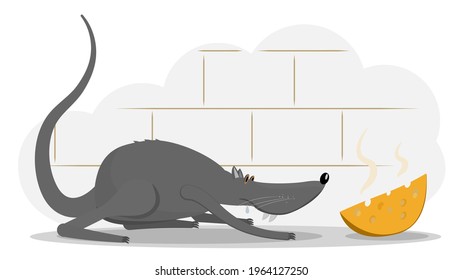 Rat and cheese. Vector illustration of a rat that sneaks up on cheese. Illustration of a rat for animation. All the details are on separate layers with names. Editable strokes.

