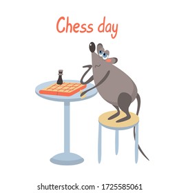 A rat and a chessboard. Chess day. Greeting card wich a cute clever mouse. Vector illustration isolated on white background. Hand drawn lettering. Great for t shirts, posters.