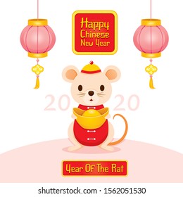 Rat In Chinese Clothing Holding Golds In Hands, Happy Chinese New Year 2020, Year Of The Rat, Traditional, Celebration, China, Culture