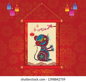 Rat Chinese New Year. Red Background With Flower. Year of the rat 2020 (hieroglyph Rat)