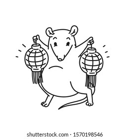Rat Chinese new year symbols. Cute mouse with Chinese lanterns vector outline cartoon black white isolated illustration.