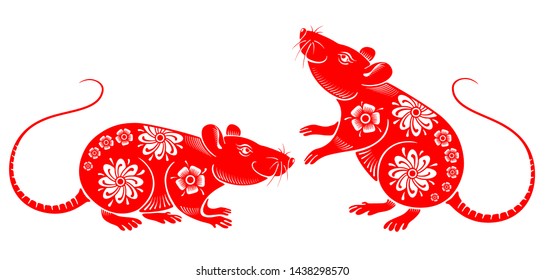 Rat, Chinese zodiac symbol of new 2020 year painted in chinese style. Vector illustration.