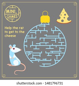 Rat with Christmas toy maze and cheese. Help the rat get to the cheese. Mini-game. Children's puzzle maze. Vector