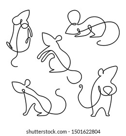 Rat continuous line drawing elements set isolated on white background for logo or decorative element. Vector illustration of various insect forms in trendy outline style.