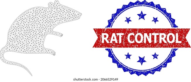 Rat Control textured stamp seal, and rat icon triangular structure. Red and blue bicolor stamp seal has Rat Control title inside ribbon and rosette. Abstract flat mesh rat,