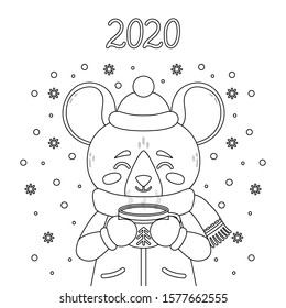 The rat with a cup of tea in winter wear. Mouse with a cocoa standing in snow. Greeting card with a mouse for the New Year and Christmas. Page for coloring book. Outline drawing.