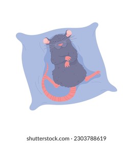 Rat cute pet animal sleeping on soft cushion, flat vector illustration isolated on white background. Keeping rats at home as pets. Funny animal for print.