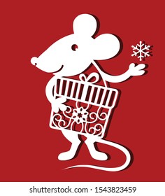 Rat Cutting Icon. Rat simple drawing for laser cutting. Chinese symbol with gift. Symbol of 2019
