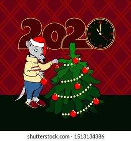 
Rat decorates the christmas tree. Vector illustration for postcard, book, poster
