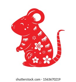 Rat design for Chinese new year 2020. Mouse silhouette. Red color, printable sticker, isolated symbol