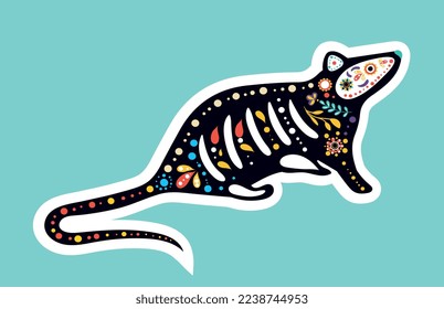 Rat dia de muertos icon. Sticker for social networks and messengers. Animal in plants and flowers, abstract minimalistic silhouette. Wildlife, rodent and fauna. Cartoon flat vector illustration