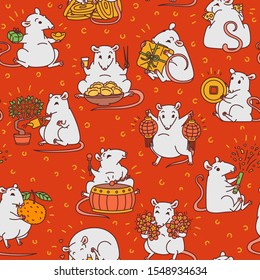 Rat with different Chinese new year symbols seamless red pattern. Cute mouse holds money and lanterns eats cheese and festive food drums and lets off fireworks vector outline cartoon background.