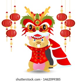 Rat and Dragon dance.Chinese New Year Zodiac mice of Animal lucks year 2020 of the rat.objects  for greetings card, flyers, invitation.Vector illustration isolated on a white background.