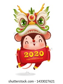 rat and dragon head  with Chinese scroll 2020. Little mouse jumping. traditional red greeting card with traditional asian decoration. Chinese New Year. The year of the rat.