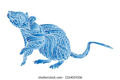 Rat drawn in the style of boho. Ornaments and patterns. Vector illustration for greeting card or poster, print for t-shirt.
