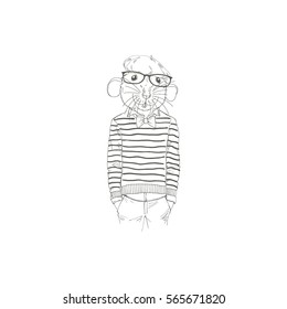 rat dressed up in french chic style, anthropomorphic illustration