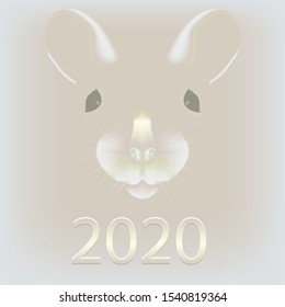 Rat face for Chinese New Year. Text 2020 white metal numbers. Greeting card and calendar design. Vector illustration.