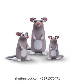 Familia de ratas. Ratones grandes y pequeños. Los roedores están en sus patas traseras. Plagas domésticas. Composición vectorial de animales grises 3D. Anuncio de rodenticidas. Ilustración de la tienda de mascotas