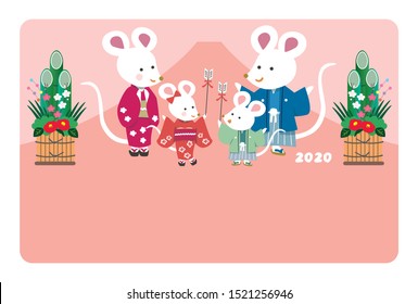 The rat family and celebration item "kadomatsu"and Mt.Fuji.