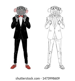 Rat gentleman dressed up in tuxedo. Anthropomorphic Animal zodiac sign character. Chinese New Year