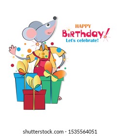 Rat, gifts and butterflies. Happy Birthday. Cartoon Cute mouse character for postcard, poster, calendar, horoscope with place for text. Chinese symbol of 2020.Vector illustration isolated on a white 