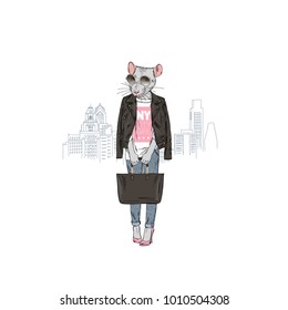 rat girl from New York city, anthropomorphic animal illustration