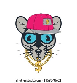 rat with gold chain in glasses and cap. Colored print for t-shirt and another, trendy apparel design. Vector illustrations  