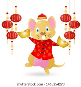 Rat and Gold money .Chinese New Year Zodiac mice of Animal lucks year 2020 of the rat.Decorated with chinense gold patterns.objects  for greetings card, flyers, invitation.