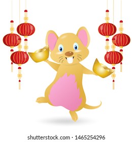 Rat and Gold money .Chinese New Year Zodiac mice of Animal lucks year 2020 of the rat.Decorated with chinense gold patterns.objects  for greetings card, flyers, invitation.